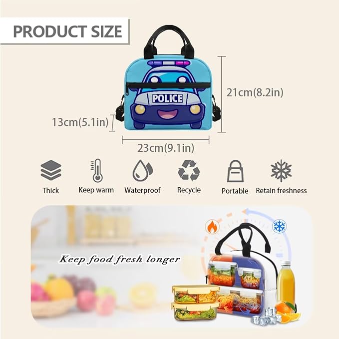 Police Car Kids Backpack for Boys Elementary Kindergarten Preschool School Bag Girls Bookbag with Lunch Box and Pencil Bag Set 3-in-1, Blue - Image 5
