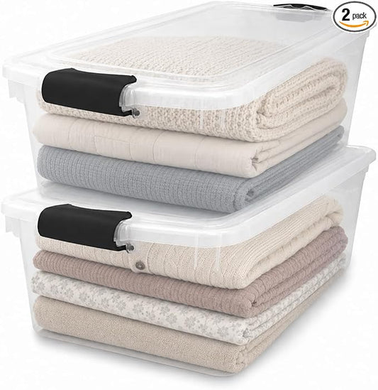 HOMZ 2-Pack Latching Lid, Large Clear Plastic Storage Bins with Lids, 66 Quart, Gray Latch - Stackable Container Boxes for Home, Bathroom, and Office Organization by Homz