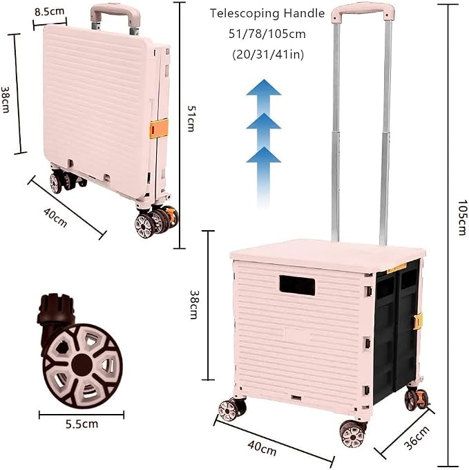 Foldable Utility Cart Portable Rolling Crate Handcart Shopping Trolley Collapsible 4 Rotate Wheels with Durable Heavy Duty Plastic Telescoping Handle for Travel Shopping Moving Storage Office Use - Image 7
