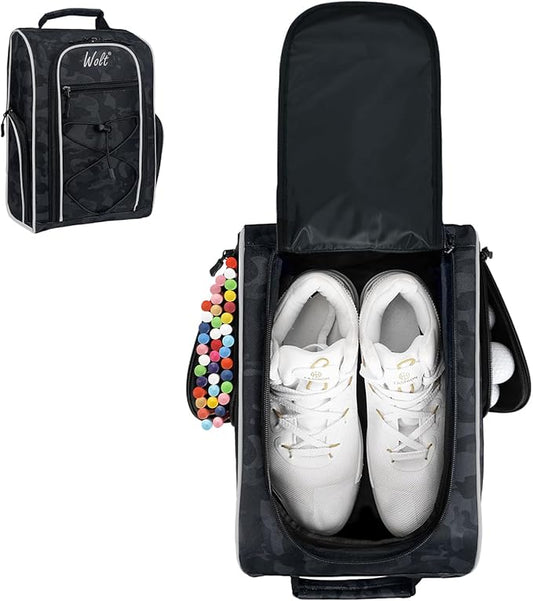 Wolt |Golf Shoe Bag for Travel- Zippered Shoes Carrier Bags with Ventilation & Double Outside Accessory Pocket for Socks, Tees, Golf Balls, Etc. for Women and Men (CamoBlack) by WOLT
