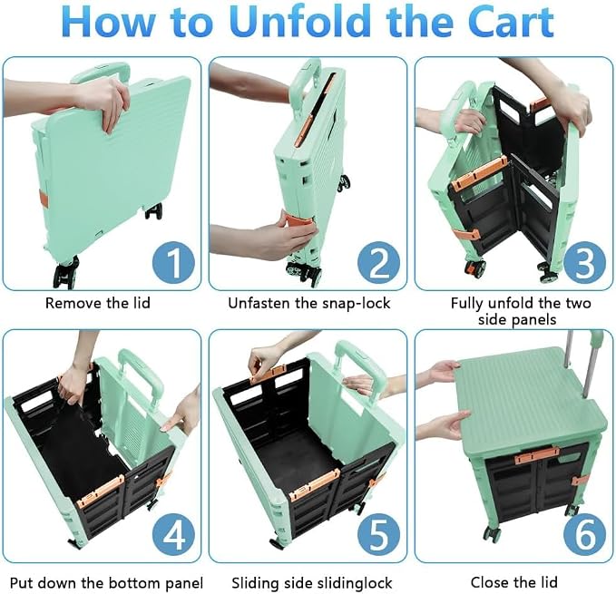 Foldable Utility Cart Portable Rolling Crate Handcart Shopping Trolley Collapsible 4 Rotate Wheels with Durable Heavy Duty Plastic Telescoping Handle for Travel Shopping Moving Storage Office Use - Image 5