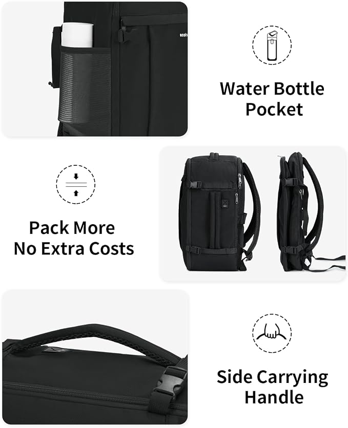 ECOHUB Travel Backpack for Men Women, Carry on Backpack with USB Charging Hole, Spirit Airlines Personal Item Bag Flight Approved, 15.6 Inch Laptop Backpack with Anti Theft Pockets, 30L, Black - Image 6