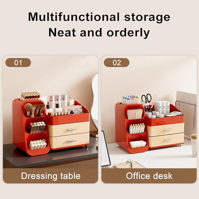 Makeup Organizer with Drawers,Large Capacity Countertop Organizer for Vanity,Bathroom and Bedroom Desk Cosmetics Organizer,Easy To Storage Skincare,Brushes,Lotions (Red and Cream) - Image 8
