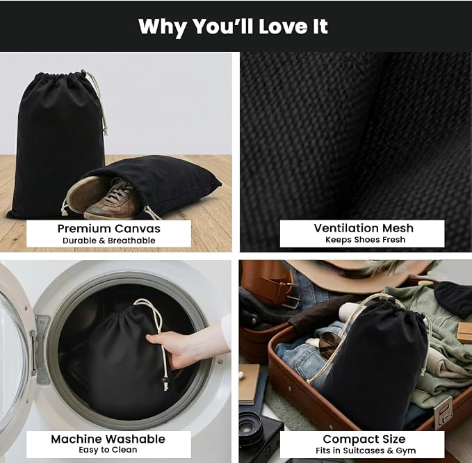 LFH Cotton Rich Shoe Storage Bags with Drawstring, Dustproof Breathable Reusable Organizer, Perfect For Travel, Dorm, Hotel, College, Gym, Machine Washable 12"x17" (Pack of 2) - Black sand - Image 9
