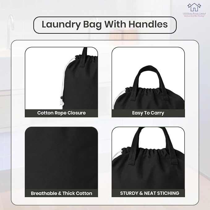LFH Home Large Premium Cotton Rich Canvas Laundry Bag with Drawstring and Handles Heavy Duty, Multi-Use, and Washable for Home, Travel, College or Storage 28x36 (Pack of 4)-Black - Image 3