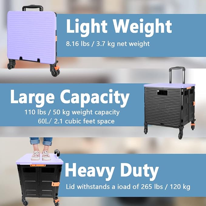 FELICON SELORSS Foldable Utility Cart Folding Portable Rolling Crate-Purple | Heavy Duty,Telescoping Handle,4 Rotate Wheels,Collapsible Handcart for Travel Shop Move Luggage Laundry Teacher Office Use - Image 3