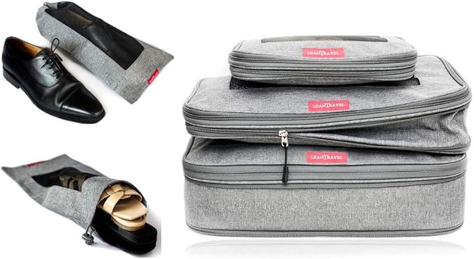LeanTravel Bundle Compression Packing Cubes Set of 3 + Shoe bags for Travel Set of 6 - Color Grey - Image 2