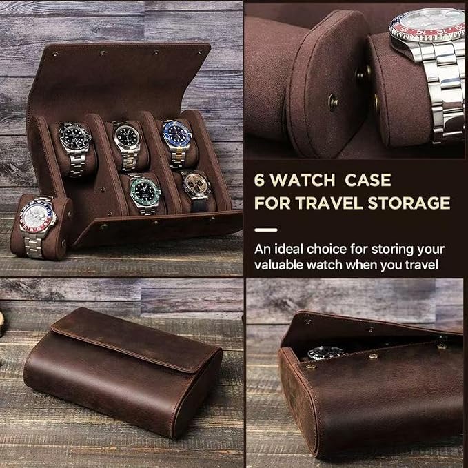 Genuine Leather Watch Roll Travel Case,Vintage Full Grain Leather Watch Box with Pillow for Men,Watch Storage Organizer for Home Storage,Travel Watch Organizer Box (6 Slots) - Image 7