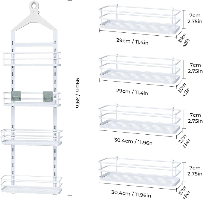 ODesign 4 Tier Adjustable Shower Rack Hanging Over Head Anti-Swing White | Shower organizer hanging,no drilling required,comes with removable hook and storage box, suitable for indoor showers - Image 9