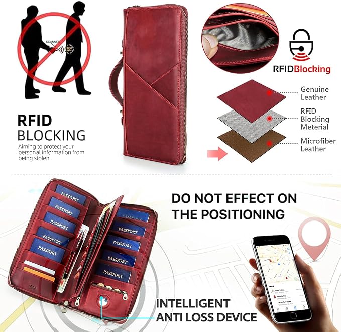 CONTACTS Family Passport Holder for 10 Full Grain Leather Compatible with Airtag Passport Holder Family Travel Document Organizer Multiple Rfid Blocking Passport Wallet (Red) - Image 3