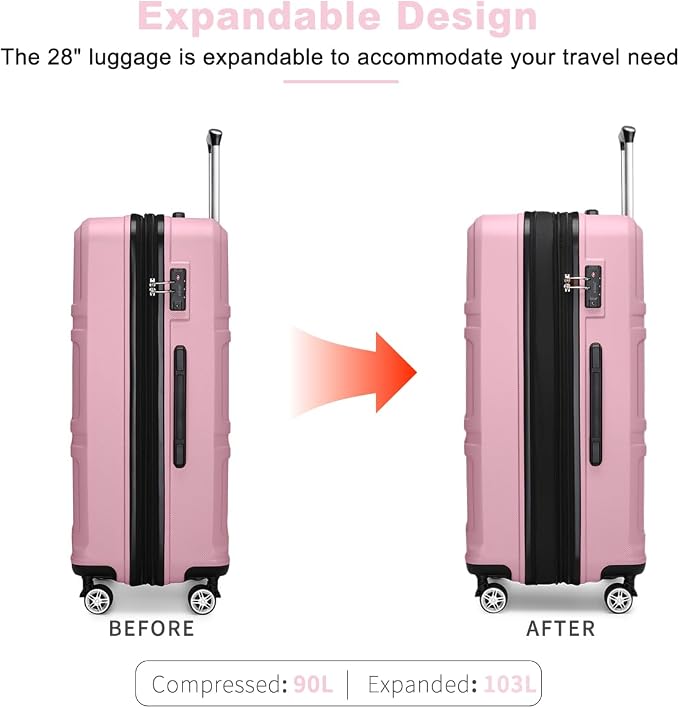 Kono 28 Inch Luggage Expandable Suitcase with Spinner Wheels TSA Lock | Lightweight PC+ABS Hardside Large Checked Luggage Durable Rolling Suitcase Pink - Image 3
