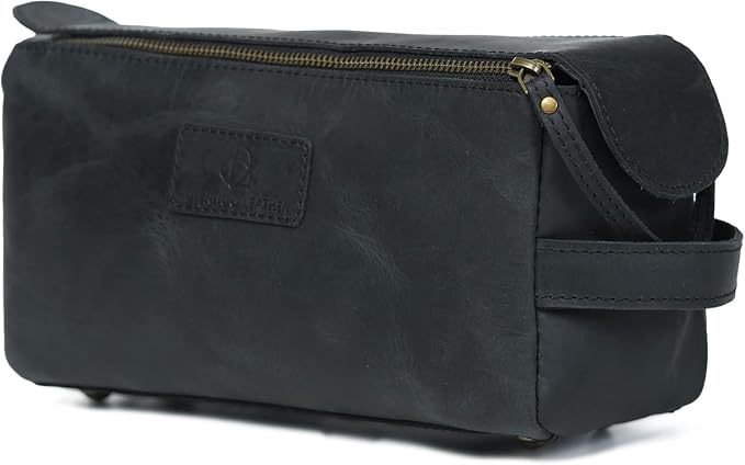 Toiletry Bag for Men Handcrafted Vintage Dopp Kit Organizer for Cosmetics Genuine Buffalo Leather, Shaving Kit with Waterproof Lining (Small, 10 * 5 * 4 Inches, Black) by AutenticoLeather