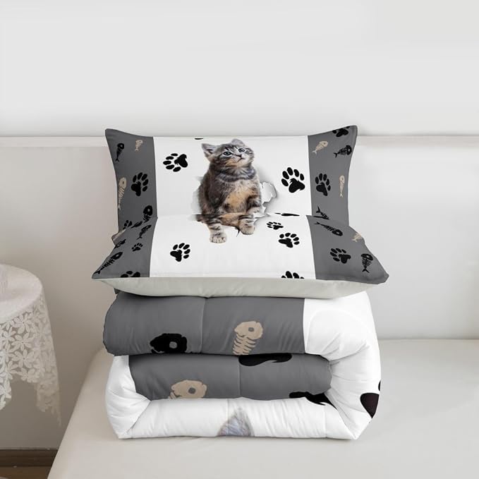 Erosebridal Kids Cat Comforter Set King,3D Cute Kawaii Cat Bedding Set Lovely Animal Kitten Paw Print Down Comforter Boys Cat Lovers' Bedroom,Fish Bone Decor Quilt Duvet Set 2 Pillow Cases, Multi 75 - Image 6