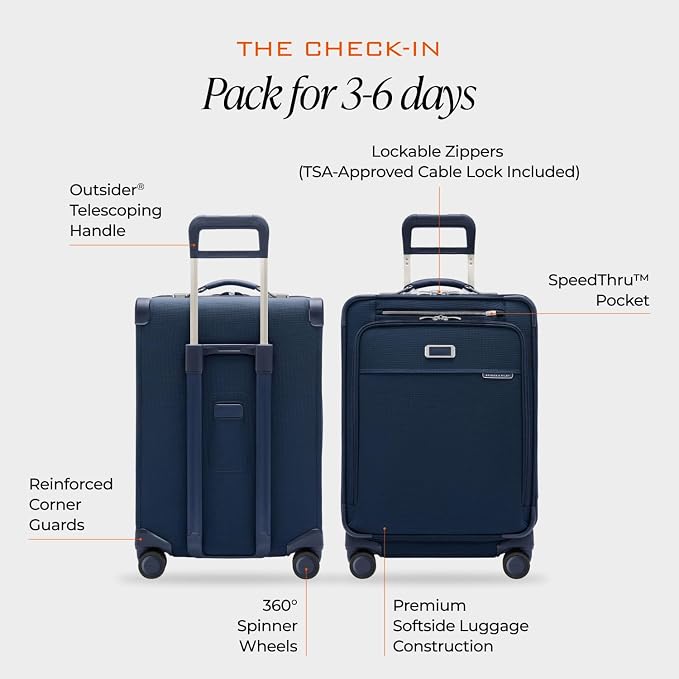 Briggs & Riley 24 Inch Compact Checked Suitcase Luggage with Wheels - Zipperless Compression Expansion System, 360 Spinner, Flat Packing Interior, Accessible Front Pocket - Baseline Collection - Navy - Image 3