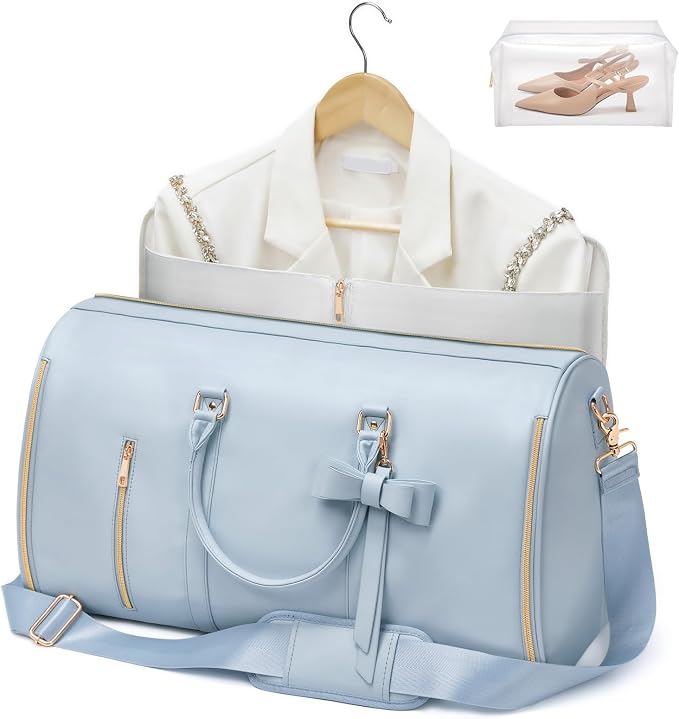 Travel Duffel Bag, Convertible Travel Garment Bag for Women, Fashion & Cute Carry On Duffle Bag w/Shoes Pouch, 2 in 1 Foldable PU Leather Hanging Duffle Bag, Single-Zipper Design, Blue - Image 2
