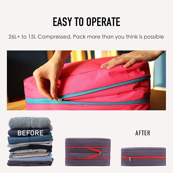 Bee Nesting Compression Packing Cubes for Travel - Large 26L Expandable Luggage Organizer with Clean/Dirty Compartments, Water-Resistant Nylon Space Saver Bag for Carry-on Suitcase（26L/GrayRed） - Image 3