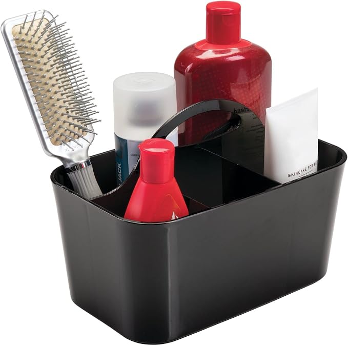 mDesign Small Plastic Shower/Bath Storage Organizer Caddy Tote with Handle for Dorm, Shelf, Cabinet - Hold Soap, Shampoo, Conditioner, Combs, Brushes, Lumiere Collection, Black by mDesign