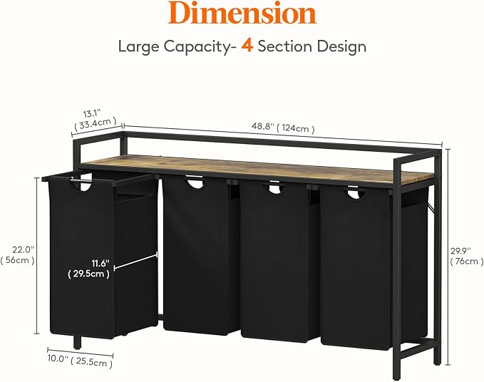 Lifewit Laundry Hamper 4 Section, 168L Pull out Laundry Clothes Basket Organizer with Large Top Shelf and 4 Removable Bags and Handles for Laundry Room Bedroom Bathroom, Black with A Shelf - Image 3