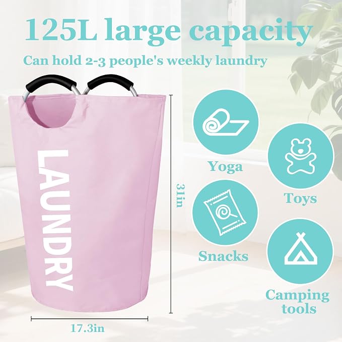 WOOHA 125L Large laundry basket,Collapsible laundry hamper, Tall Clothes Baskets Folding Washing Bin Foldable Fabric Hamper Bags for Bedroom, Closet,Bathroom,College,laundry bag,pink - Image 2