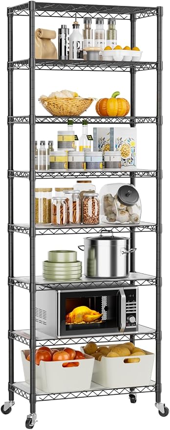Golpart 8 Tier Shelves Storage Shelf Wire Closet Bathroom Organizers Metal Pantry Kitchen Garage Shelving Unit Laundry Room Organization Home Rack Net Basket Black with Wheels 12”D X 22”W X 74.2”H by Golpart