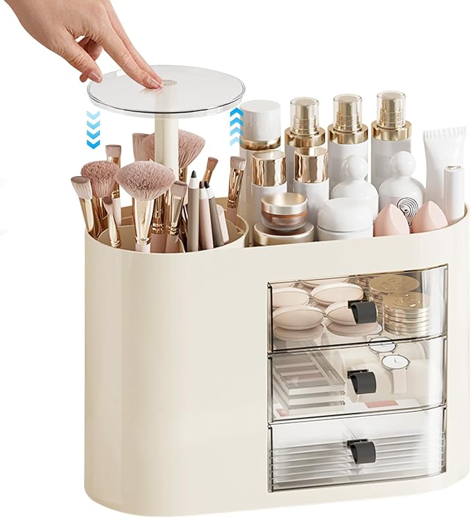 DASITON Makeup Organizer with 3 Drawers,Automatic Lifting Makeup Brush Holder with Lid,Large Capacity Makeup Organizers for Vanity,Bathroom Countertop,Ideal Storage Skin Care,Brushes,Lipstick (Cream) by DASITON