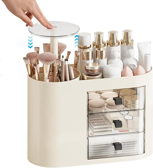 DASITON Makeup Organizer with 3 Drawers,Automatic Lifting Makeup Brush Holder with Lid,Large Capacity Makeup Organizers for Vanity,Bathroom Countertop,Ideal Storage Skin Care,Brushes,Lipstick (Cream) by DASITON