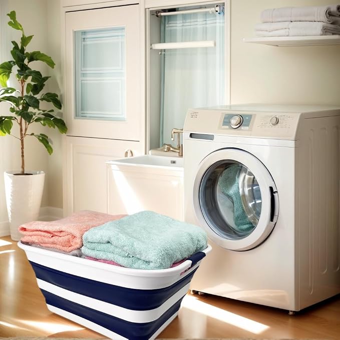 SAMMART Collapsible Plastic Laundry Basket with Handle/Foldable Pop Up Storage Hamper/Portable Laundry Organizer-Space Saving Washing Tub/Household Storage (White/Starry Blue, 42L (Set of 2)) - Image 8