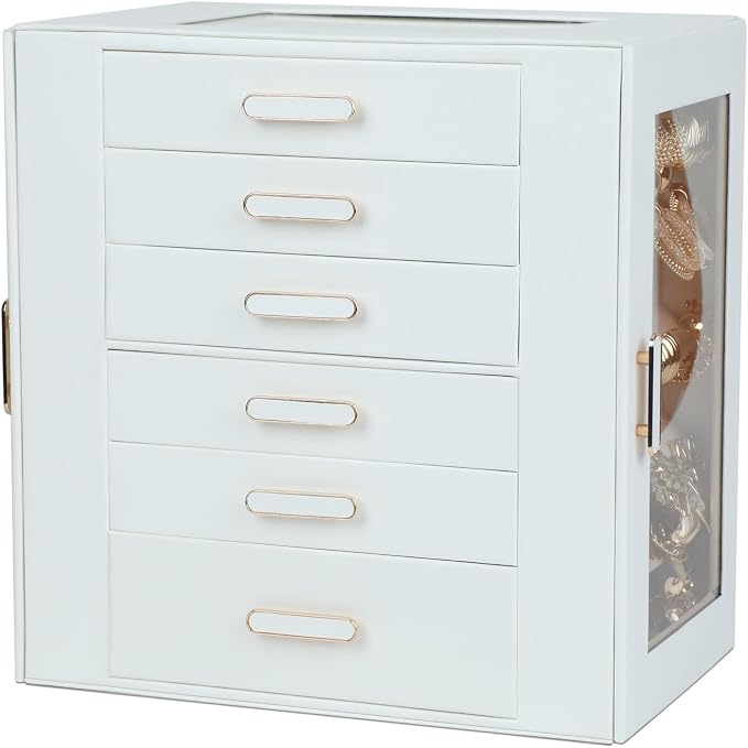 BOOVO Clear Lid Jewelry Box,6 Layers Jewelry Organizer Large Jewelry Storage Box with 6 Drawers,Jewelry Holder Organzier of Rings Earrings Necklace Bracelets for Women (White, 6 Layer) by BOOVO