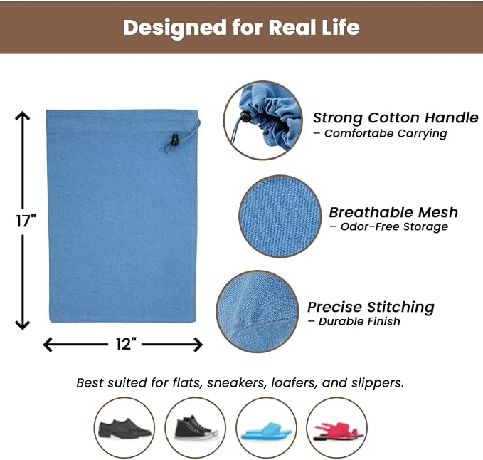 LFH Cotton Rich Shoe Storage Bags with Drawstring, Breathable Reusable Organizer, Perfect For Travel, Dorm, Hotel, College, Gym, Easy to Carry, Machine Washable 12"x17" (Pack of 6) - Sky Blue - Image 4