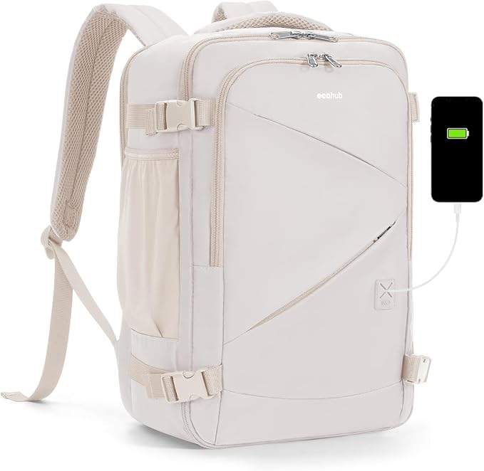 ECOHUB 17" Small Unisex Travel Backpack United Airlines Approved 17x10x9 Friendly Suitcase Anti-Theft Lockable Zippers Style Personal Item Bag Travel Essentials with 12 Pockets Water Resistant, White by ECOHUB