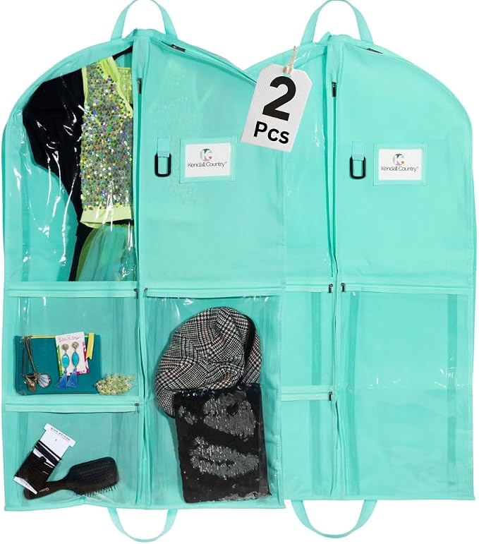 Waterproof Hanging Garment Bag 40 inch Clothes Bag with Gusset, 5 Pockets & Side Zip for Dance Costumes, Sports, Skating, Theatre, Beauty Pageants & More by Kendall Country, Sea Foam Green - Image 2