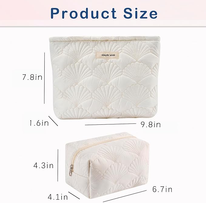 RSRSLEII 2Pcs Quilted Cotton Coquette Makeup bag, Coastal Granddaughter Aesthetic Cosmetic Bag, Cute Seashell Portable Travel Toiletry Pouch (2Pcs White) - Image 2