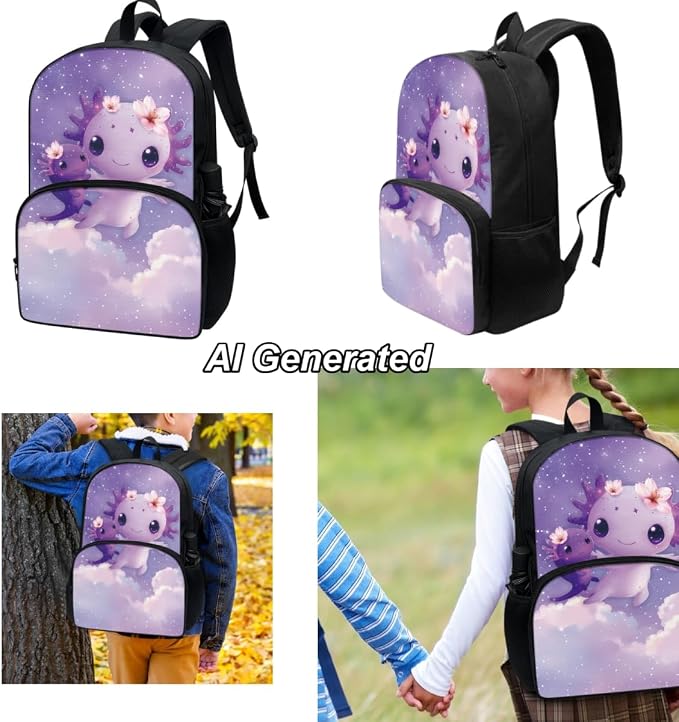 Axolotl Girls Backpacks for Elementary School Cute Bookbag for Kids 3 Pcs School Bag Set with Lunch Box and Pencil Bag Aesthetic School Supplies - Image 3