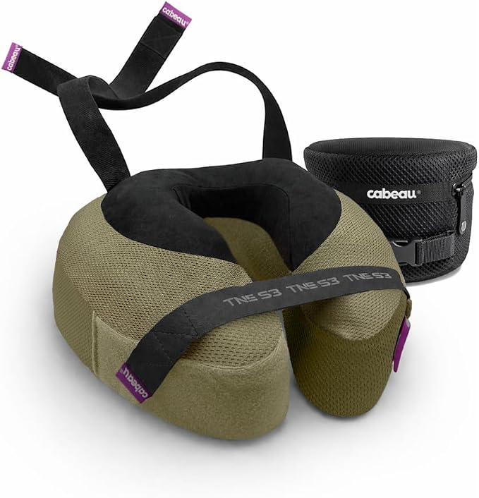 Cabeau Slim TNE-S3 Deluxe Luxury Travel Neck Pillow for Airplanes with Patented Seat Strap and Head Hold Technology (Olive) by Cabeau