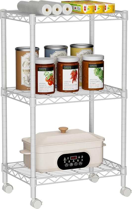 Golpart Small 3 Tier Shelves Storage Wire Shelving Unit Metal Shelf Adjustable Organizers Storage Shelving with Wheels for Bathroom Laundry Room Kitchen Pantry11.7”D x 17.7”W x 30.7”H White by Golpart