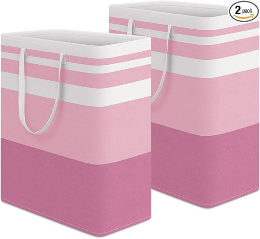 HomeHacks 2 Pack Large Laundry Baskets, Waterproof, Freestanding Laundry Hampers, Collapsible Clothes Hamper with Reinforced Handles in Laundry, College Dorm, Bathroom, Bedroom (Pink, 125Lx2) by HomeHacks