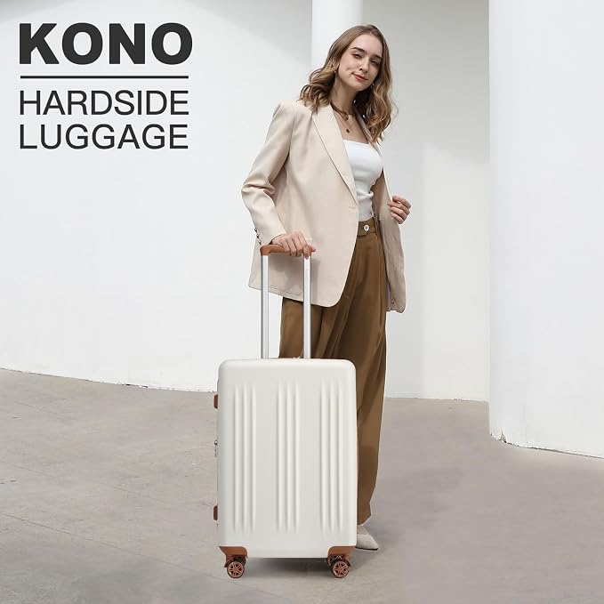 Kono Lightweight 24 Inch Expandable Luggage with Quiet Spinner Wheels TSA Lock, Scratch and Drop Resistant PC+ABS Hardside Durable Medium Checked Suitcase, Cream White & Brown - Image 2