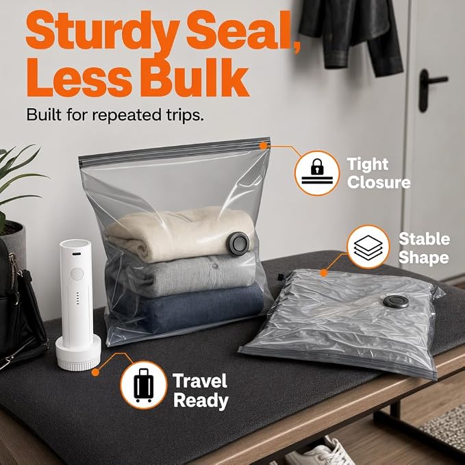 Cordless Travel Vacuum Storage Bags Set with Pump (Multicolor, S+M+L*2) | travel vacuum bags with pump - Image 3