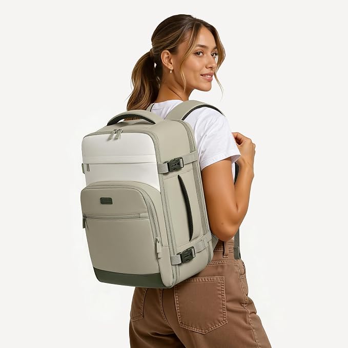 mibasies 30L Travel Backpack for Women & Men: Flight Approved Carry On Backpack, TSA Personal Item Bag with Water Bottle Pocket, Weekender Essentials Backpacks fits 15.6" Laptop - Green White - Image 2