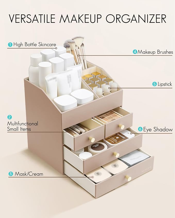 VLANDO Makeup Organizer,Vanity Organizer with Drawers, PU Leather Skincare Organizer Perfume Organizer,Large Cosmetic Display Case for Lipstick,Brushes Gifts for Women, Toffee, 4 Layer - Image 4