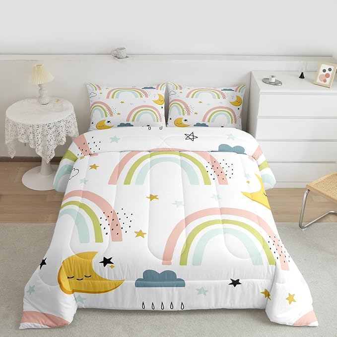 Erosebridal Girls Rainbow Quilt King Size, Cute Stras Moon Comforter Set Cartoon Kawaii Bedding Set for Kids Boys Room Decor, Cartoon Rainbow Ripple Duvet Insert Iridescent Girly Down Comforter 3Pcs - Image 3
