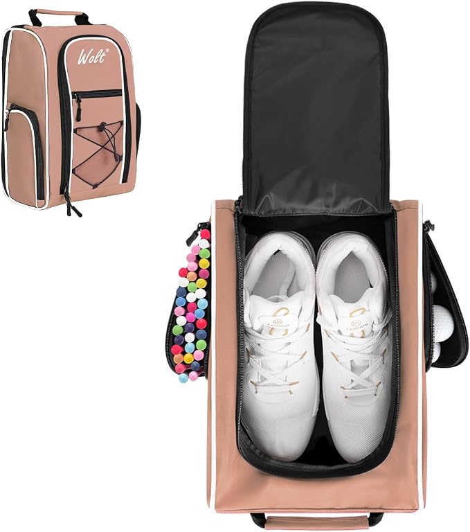Wolt |Golf Shoe Bag for Travel- Zippered Shoes Carrier Bags with Ventilation & Double Outside Accessory Pocket for Socks, Tees, Golf Balls, Etc. for Women and Men (LightPink) by WOLT