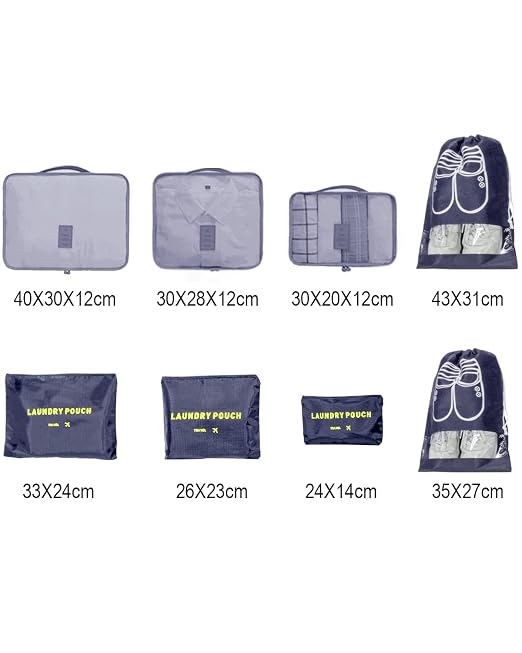 8-in-1 Suitcase Organiser Set for Travel, Clothes Bags, Packing Cubes, Luggage Organisers for Clothes, Shoes, Underwear, Cosmetics, Dark Blue - Image 3
