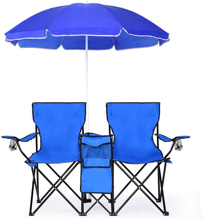 Goplus Double Camping Chair with Umbrella, Folding Loveseat Chairs w/Canopy Shade, Carrying Bag, Table, Cup Holder, Portable Beach Chairs Outdoor Picnic Patio (Blue) by Goplus