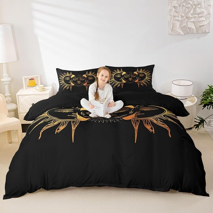 Golden Sun and Moon Comforter Cover Set Twin Size Bohemian Style Mandala Pattern 2-Pieces Hotel Luxury Soft Bedding Set Boho Exotic Theme Duvet Cover Set with Zipper Ties for Adult Women Girls Teen - Image 4