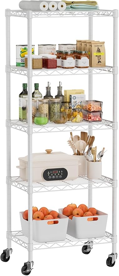 Golpart Small 5 Tier Shelves Storage Wire Shelving Unit Metal Shelf Adjustable Organizers Storage Shelving with Wheels for Bathroom Laundry Room Kitchen Pantry11.7”D x 17.7”W x 57.2”H White by Golpart