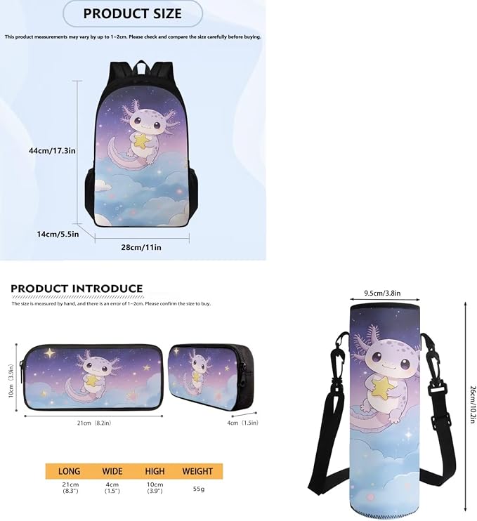 Axolotl Backpack Set for Girls with Water Bottle Sleeve Lunch Box Pencil Case for School, School Backpack Kids Student Back to School Bookbag - Image 7