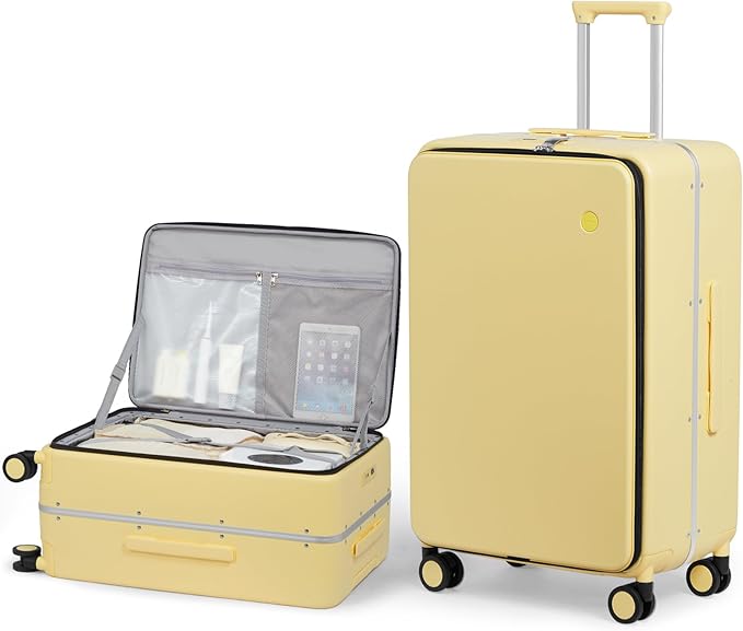 mixi 24 Inch Checked Luggage PC Hard Shell Suitcase Top Opening Aluminum Frame Travel Suitcases with Wheels, Lark Yellow by MIXI