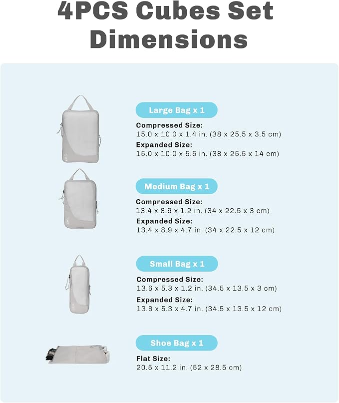 Hynes Eagle 6 Set/ 4 Set/ 2 Set Compression Packing Cubes Travel Essentials Lightweight Nylon Luggage Suitcase Organizer Bag Light Grey 4PCS - Image 2