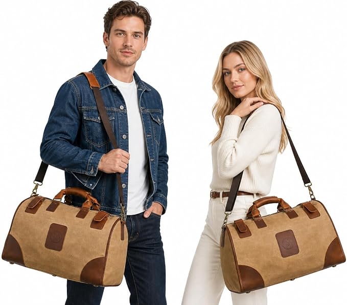 Canvas + Leather Travel Luggage Tote Duffle Gym Suitcase Weekender Overnight Bag For Men Male FB8151 (8151-Khaki-Shoulder Strap) - Image 3